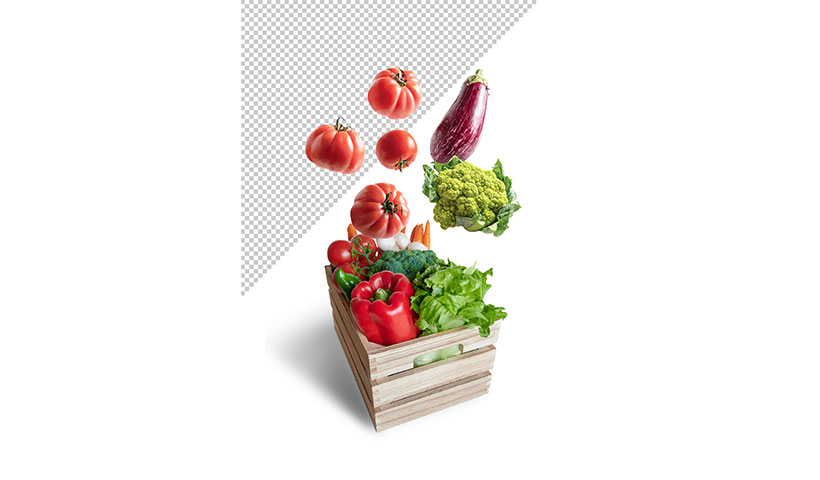 fresh-vegetables-flying-wooden-box-mockup فایل لایه باز مجموعه ای از سبد سبز