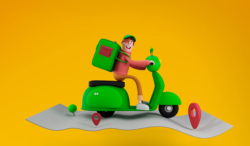 happy_delivery_man_uniform_riding_motorcycle_with_bag_map_with_i فایل لایه باز پستچی