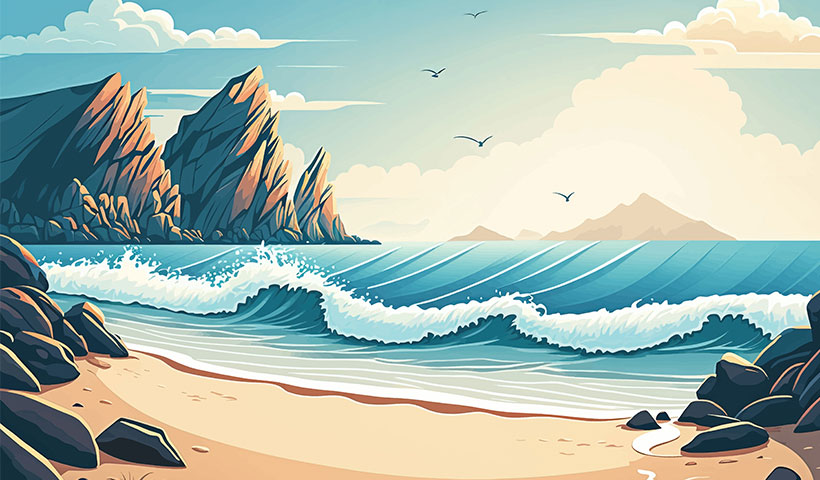 sea_ocean_beach_with_waves_mountains_background_summer_backgroun وکتور جز و مد