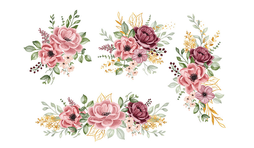 set_flower_arrangements_flower_maroon_green_leaves_gold_floral_i مجموعه وکتور گل سرخ