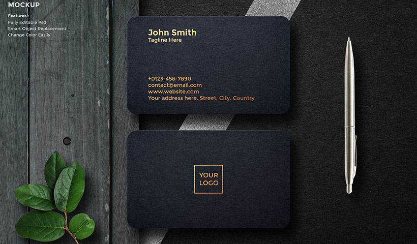 luxury-logo-mockup-design-3d-rendering-black-business-card فایل لایه باز موکاپ لوگو مشکی